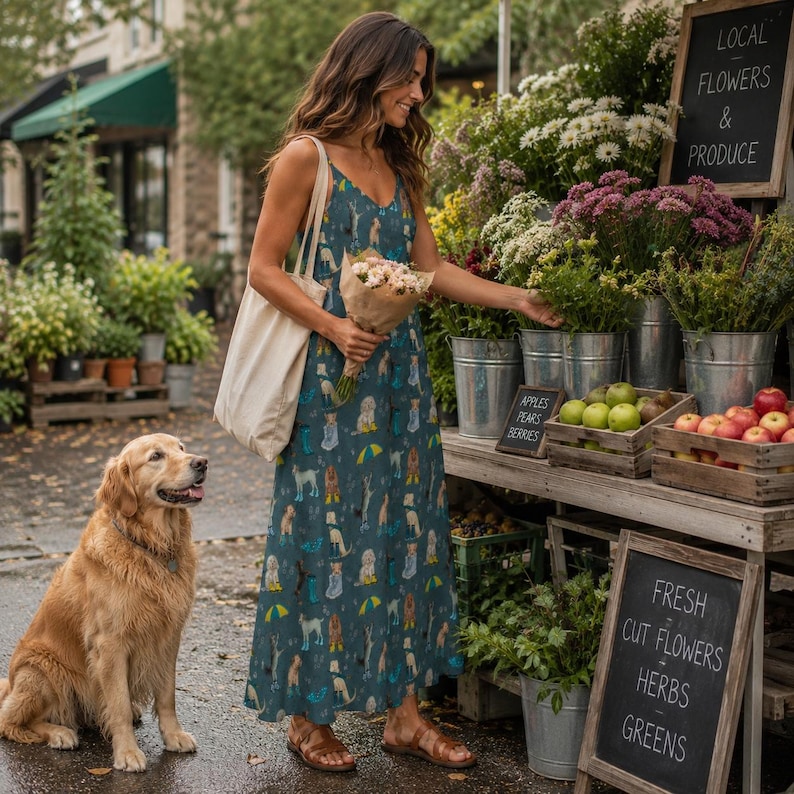 CUTE DOGS Sling Dress, Rain Puppies Ankle Length Sling Dress, Garden Party Style Maxi Dress, Cottagecore Sundress, Dog Mama Gift, Fall Dress immagine 6