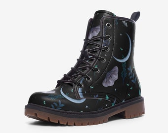 MAGICAL MOON & MOTH by Episodic Drawing Vegan Leather Lightweight Combat Boots for Nature Lover Gift, Witchy Boots, Fairycore Mystical Gift