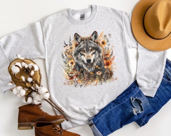 WOLF Sweatshirt, Cottagecore Sweater, Floral Wolf Crewneck Pullover, Boho Animal Shirt, Forest Animal Shirt, Woodland Wildlife Sweatshirt