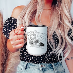 SUN and MOON Ceramic Coffee Mug with Color Inside, Personalized Coffee Mug with vintage Sun Moon Black Cat & Sunflowers, Tarot Card Tea Cup