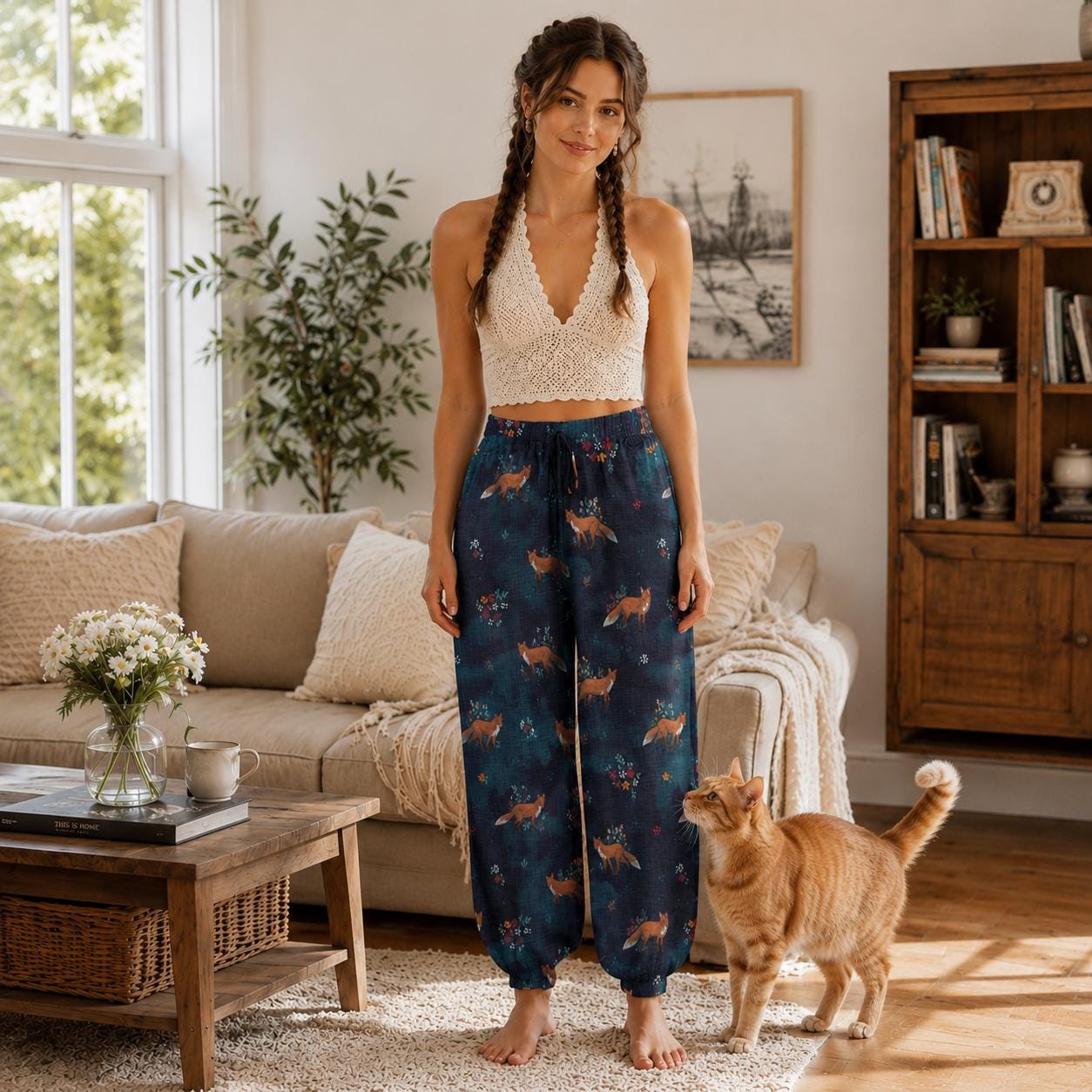 COTTAGECORE FOX Carrot Pants, Floral Fox Relaxed Summer Pants