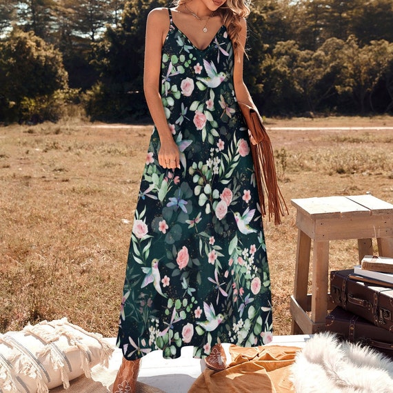 FLORAL HUMMINGBIRDS Sling Dress, Cottagecore Maxi Sun Dress