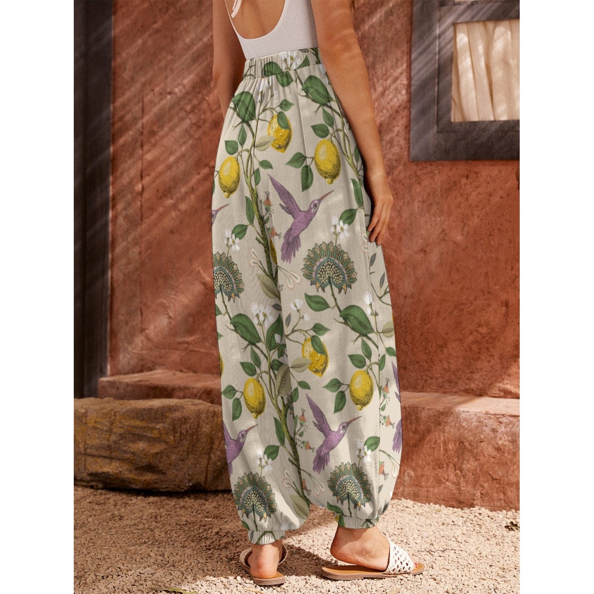 FLORAL BIRDS Casual Loose Boho Trousers, Lemons Carrot Pants
