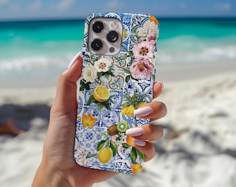 Capa de celular resistente MALTA Sun, capa de celular SICILY, capa de celular com azulejos mediterrâneos com flores, limões e frutas, presente inspirado na Itália