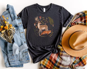 FORESTCORE T-shirt with Deer Fox & Mushrooms design, Woodland Shirt, Animal Lovers Gift, Cottagecore shirt, Forest Animal tshirt, Witchy tee