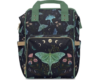 LUNA MOTH DANCE Diaper Backpack, Mystical Green Moth Diaper Bag, Garden Moth Waterproof Backpack, Cottagecore Backpack for Nature Lover Gift
