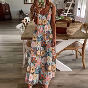 BOHO FLORAL Summer Sling Dress, Whimsical Flowers Ankle Length Sundress, Cottagecore Maxi Dress, Ethnic motif Dress, Spaghetti Straps Dress