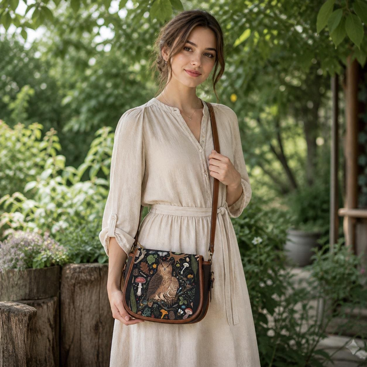 Forest Owl Crossbody Saddle Bag, Witchy Woodland Purse, Mushroom Fern Owl Shoulder Bag, Dark Cottage