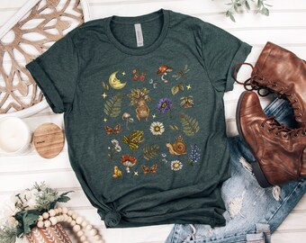 Magical Forest T-shirt with Mandragora Mushrooms Frog Snail Moth Flowers & Fern Print, Herbology Shirt, Botanical T-shirt, Green Witch Tee