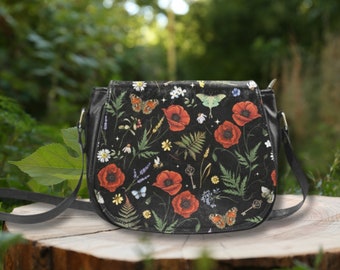 RED POPPIES Crossbody Saddle Bag, Mystical Witchy Vegan Leather Bag, Floral butterflies Crossbody Purse, Dark Cottagecore Shoulder Bag Gift