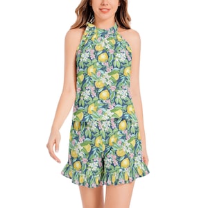 LEMONS & FLOWERS Tie Neck Halter Top and Ruffle Hem Short Set, Mediterranean Women’s Fashion Soft two pieces suit, Italy inspired Summer Set