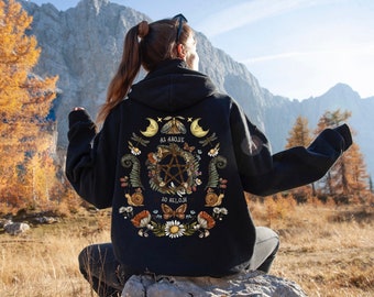 MAGICAL WOODLAND Zip Up Hoodie for Nature Lover & Green Witch Gift, Floral Pentacle Witchy Shirt, Mushroom Snail Crescent Moon Moth Hoodie