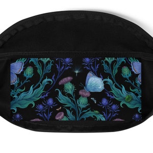 BLUE MOTH & THISTLE Fanny Pack, Nature inspired Waterproof Crossbody Bag with Moon Moth and Thistle Cottagecore Floral Crossbody Waist Pouch