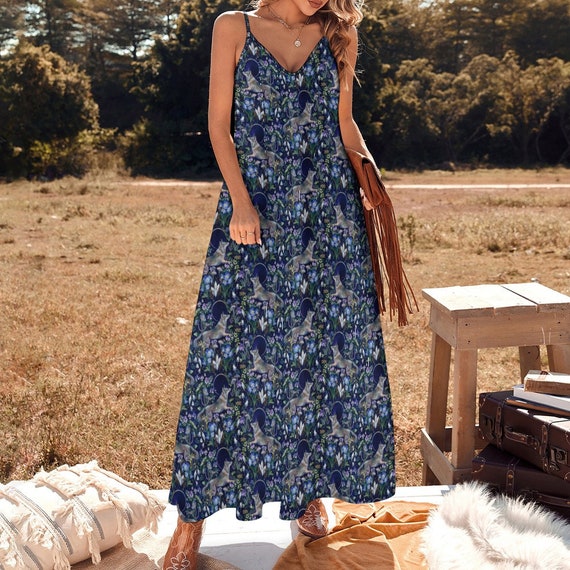 MYSTICAL WOLF Sling Dress, Boho Witchy Dress with Full Moon Wolf and Night Flowers print, Dark Cottagecore Dress, Ankle Length Casual Dress