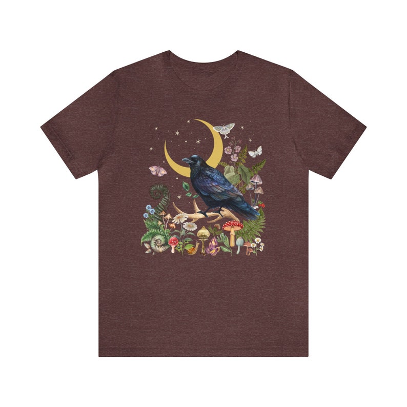 RAVEN T-shirt, BLACK BIRD Crow Dark Woods Goblincore Shirt, Mystical Forest Tee Gift for Witchy Woman, Night Moth Fairy Grunge Shirt Heather Maroon