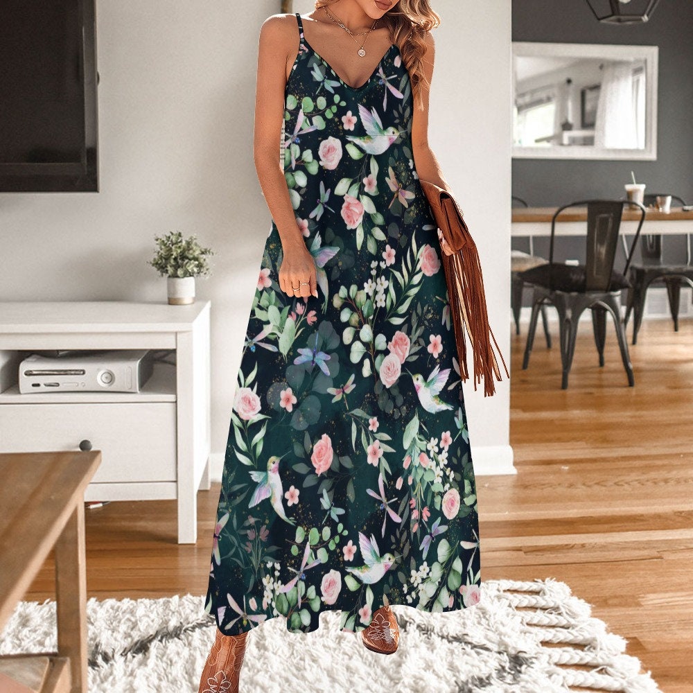 FLORAL HUMMINGBIRDS Sling Dress, Cottagecore Maxi Sun Dress
