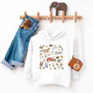 SPRING ANIMALS Toddler Pullover Fleece Hoodie, COTTAGECORE Hoodie for Kids with Fox Rabbit Squirrel and Flowers, Floral Animals Jumper