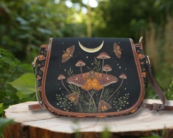 MYSTICAL MOTH Waterproof Canvas Saddle Bag, Celestial Butterfly & Mushroom Magical Crossbody Bag, Witchy Fairy Grunge Aesthetic Shoulder Bag