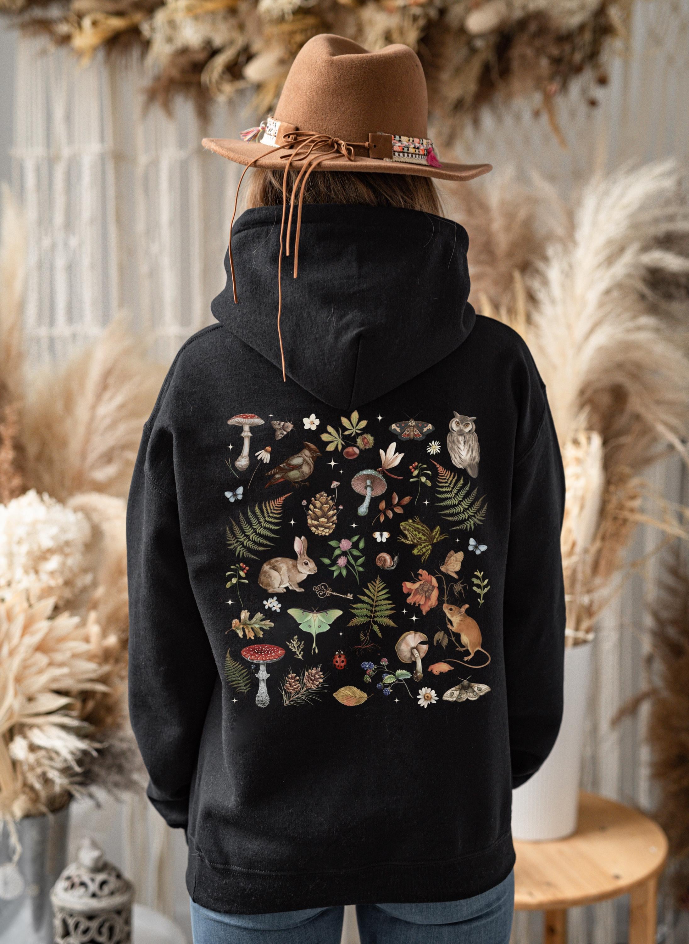 Woodland Wonders: NATURE Zip Up Hoodie featuring Owl Bird Rabbit Frog Butterflies Mushrooms & Fe