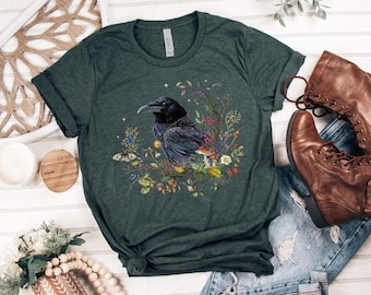 RAVEN T-shirt, Black Crow Shirt, Dark Cottagecore Tee, Witchy Shirt, Bird watching Shirt, Mystical Clothing, Fall Forest Tee Halloween Shirt