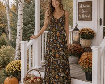 AUTUMN LEAVES Sling Dress, COTTAGECORE Botanical Dress with Leaves Mushrooms Butterflies & Mouse, Cozy Harvest Cottage Dress, Garden dress