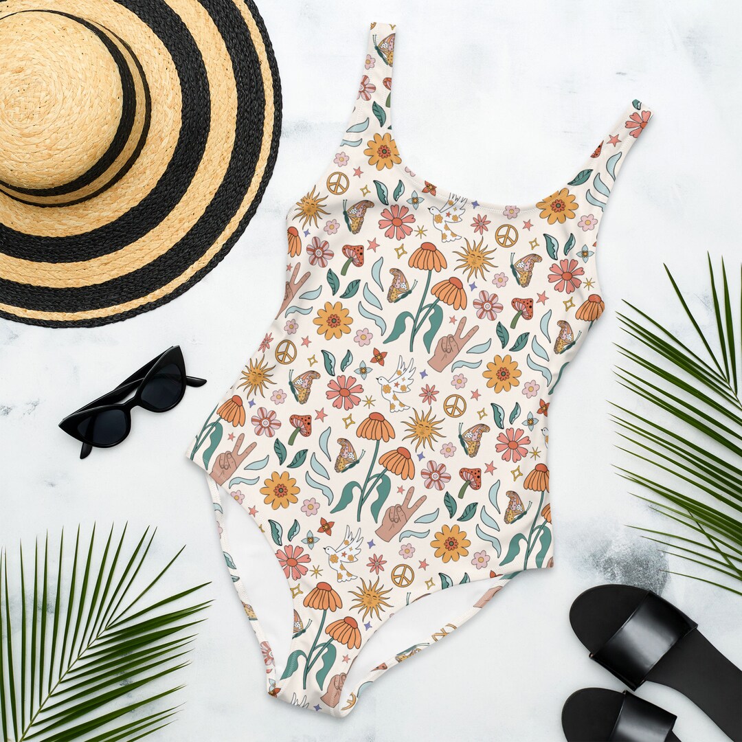 BOHO HIPPIE GROOVY Floral Onepiece Swimsuit for Ladies, Retro Optimism