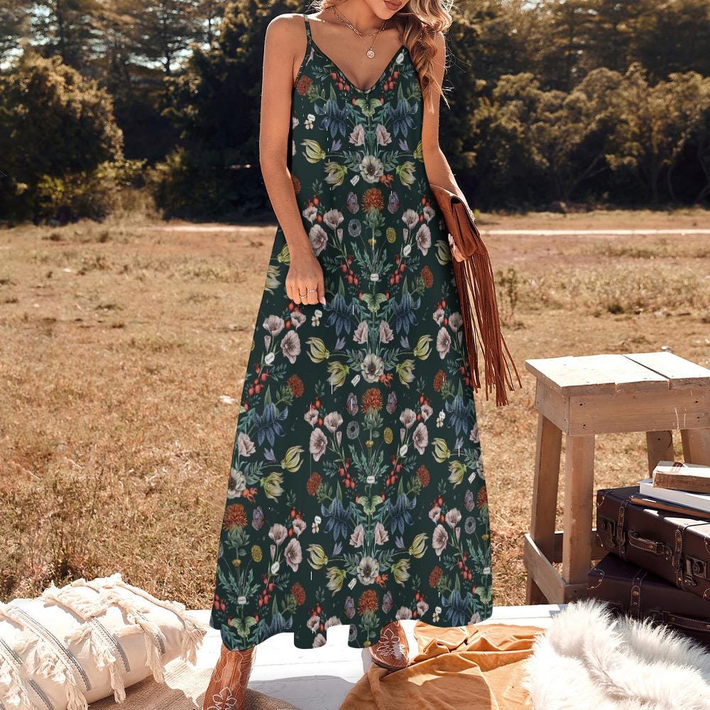 Fashion Maxi Dress Autumn DARK FLORAL Maxi Dress, Witch Garden Sundress,  Mystical Moth Witchy Dress, Dark Cottagecore Dress, Night Blooms Summer  Slip Dress