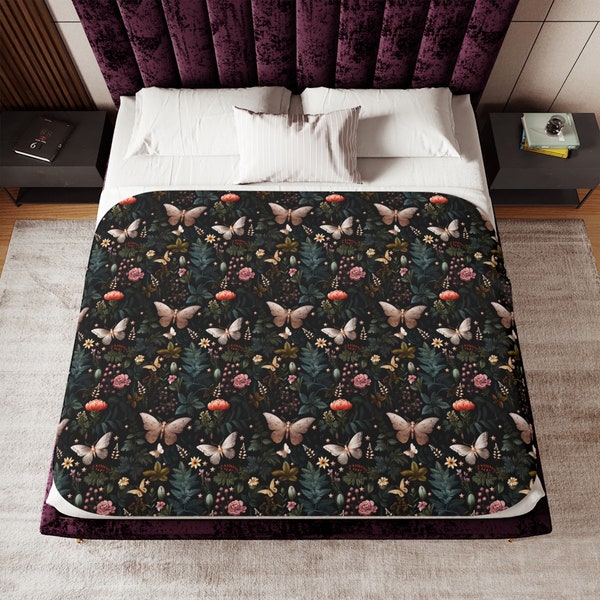 NIGHT GARDEN Velveteen Minky Blanket, Mystical Moth Throw Blanket, Floral Butterflies Bed Cover, Witchy Blanket, Dark Cottagecore Bedspread