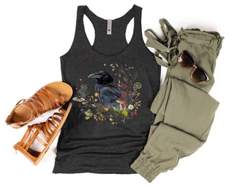 RAVENタンクトップ、ボヘミアン風魔女風レーサーバックタンクトップ、ブラッククロウタンクトップ、フォレストコアシャツ、神秘的な服、マジカルウィッカハロウィンタンクトップ