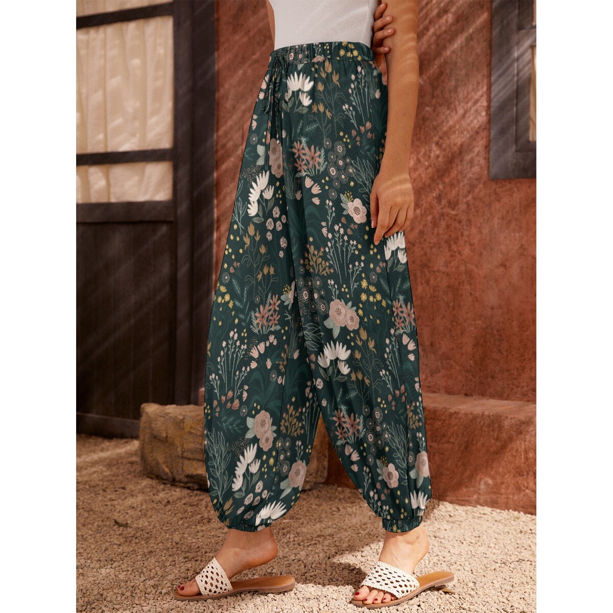 DARK FLORAL Carrot Pants, Wildflowers Loose Boho Trousers