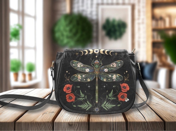 DRAGONFLY Vegan Leather Bag, MYSTICAL Crossbody Saddle Bag with Floral Dragonfly Moon Phases & Red Poppies print, Boho Witchy Shoulder Purse