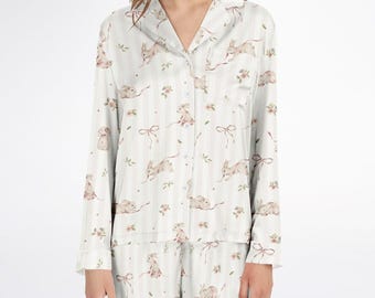 Set pigiama in raso con coniglietti rosa Coquette, set pigiama in seta con camicia a maniche lunghe e pantaloni con simpatici conigli floreali, set da salotto Cottagecore Bunny