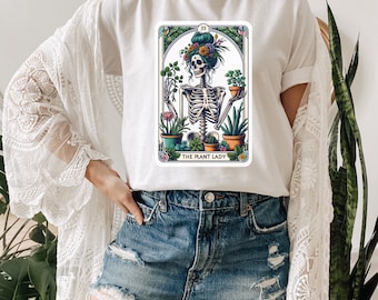 The PLANT LADY Skeleton Tarot Card T-shirt, Skeleton Plant Lover Shirt, Plant Mom Shirt, Witchy Funny T-Shirt, Humorous Shirt