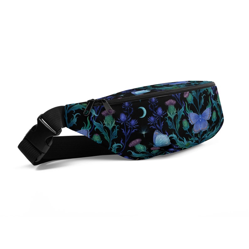 BLUE MOTH & THISTLE Fanny Pack, Nature inspired Waterproof Crossbody Bag with Moon Moth and Thistle Cottagecore Floral Crossbody Waist Pouch