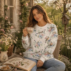 Cottagecore Bird Recycled Sweatshirt, Floral Bird Sweater, Romantic Garden Pullover, Botanical Cottagecore Top,intage Floral Sweatshirt