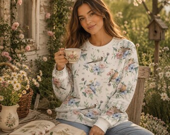 Cottagecore Bird Recycled Sweatshirt, Floral Bird Sweater, Romantic Garden Pullover, Botanical Cottagecore Top,intage Floral Sweatshirt