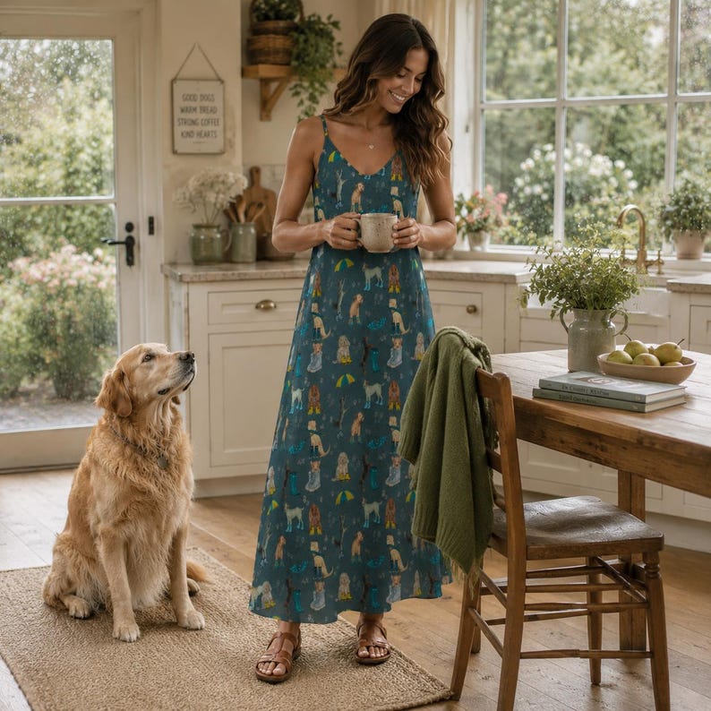 CUTE DOGS Sling Dress, Rain Puppies Ankle Length Sling Dress, Garden Party Style Maxi Dress, Cottagecore Sundress, Dog Mama Gift, Fall Dress immagine 7