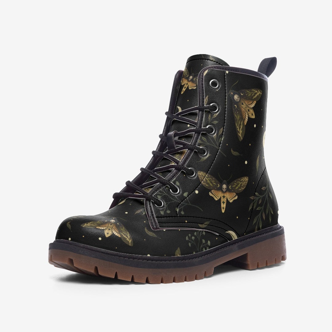 Dead Insect Boot Death Head Moths Combat Boots, Moth and Moon Vegan Leather Lightweight ...