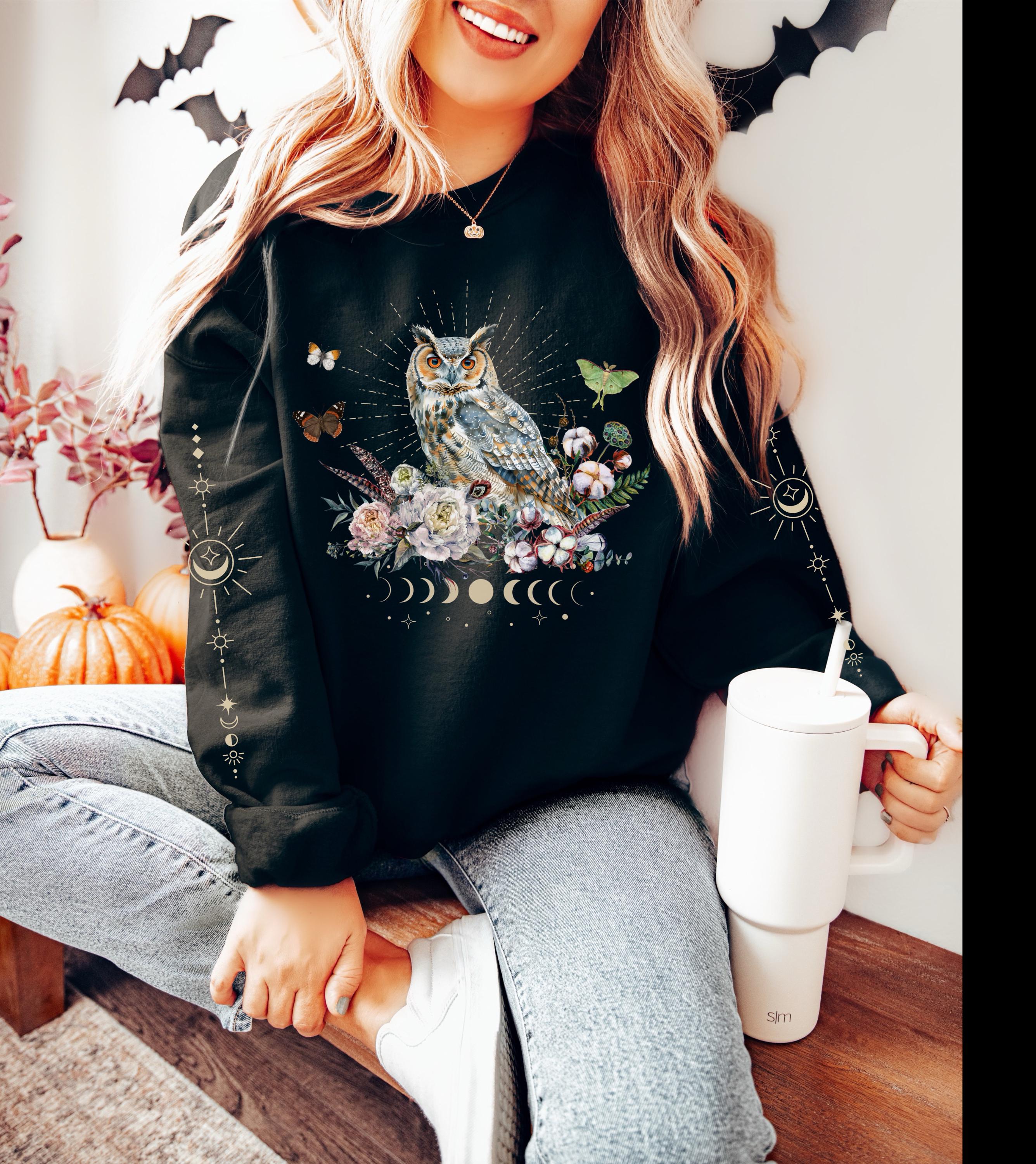 MYSTICAL CELESTIAL OWL Sweatshirt with sleeves design, Floral Owl Sweater, Cottagecore Fall Sweatshi
