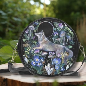 MYSTICAL WOLF Round Messenger Bag, Vegan Leather Crossbody Purse, Boho Witchy Shoulder Bag with Full Moon Wolf and Night Flowers print