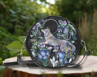 MYSTICAL WOLF Round Messenger Bag, Vegan Leather Crossbody Purse, Boho Witchy Shoulder Bag with Full Moon Wolf and Night Flowers print