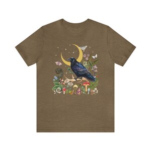RAVEN T-shirt, BLACK BIRD Crow Dark Woods Goblincore Shirt, Mystical Forest Tee Gift for Witchy Woman, Night Moth Fairy Grunge Shirt Heather Olive