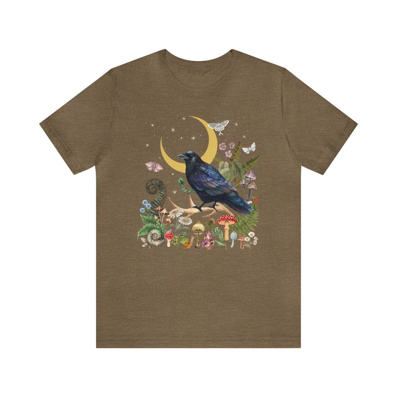RAVEN T-shirt, BLACK BIRD Crow Dark Woods Goblincore Shirt, Mystical Forest Tee Gift for Witchy Woman, Night Moth Fairy Grunge Shirt Heather Olive