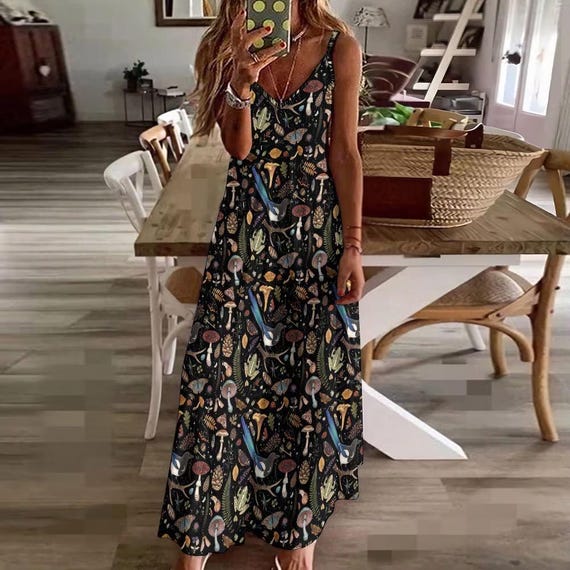 chinese dress ladies Wild Wings Bird In The Jungle Spaghetti Strap Maxi Dress