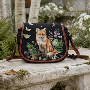Forest Fox Crossbody Saddle Bag, Cottagecore Fox Purse, Woodland Animal Messenger Bag, Fairycore Shoulder Bag, Nature Lover Gift, Witchy bag