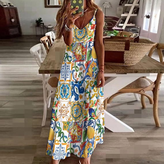 MAJOLICA Sling Dress, Italian Tiles Ankle Length Sundress