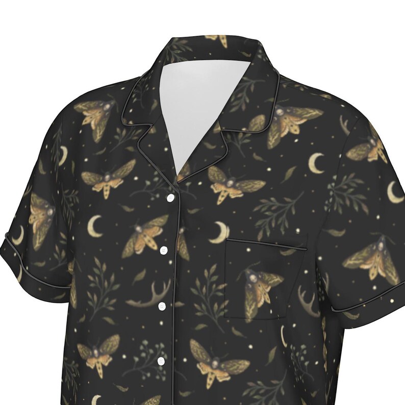 Death's Head HAWKMOTH 2 pcs Pajama set, Mystical Witchy satin pj set, Gothic Women’s short sleeve sh image 9