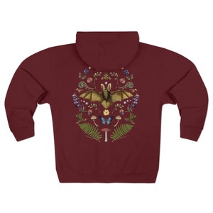 DARK COTTAGECORE Zip Up Hoodie with Vintage Bat Moon Phases Moth Frog Mushroom Butterfly Snails Fern & Wildflowers, Mystical Woodland Hoodie Burgundy
