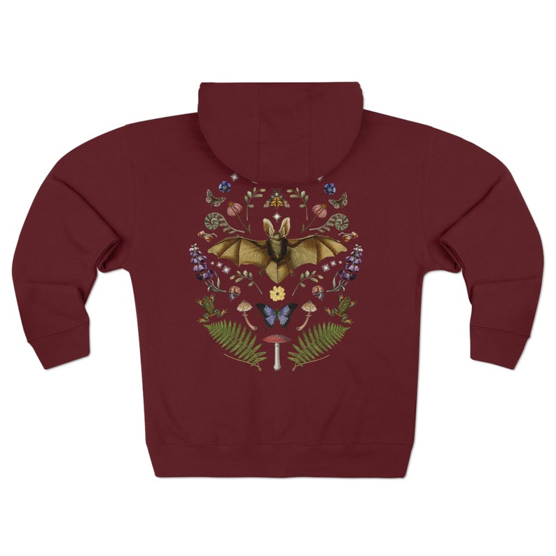 DARK COTTAGECORE Zip Up Hoodie with Vintage Bat Moon Phases Moth Frog Mushroom Butterfly Snails Fern & Wildflowers, Mystical Woodland Hoodie Burgundy