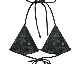 May include: Black triangle bikini top with a dark green and black print of a dragon and flowers. The top has adjustable straps and ties at the back.